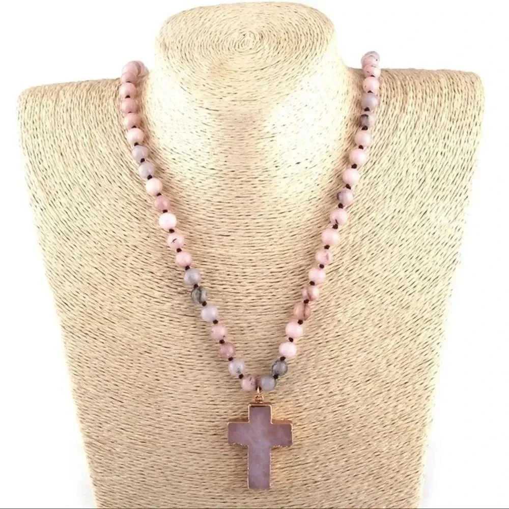Natural Stones Howlite Cross Pendant Necklace